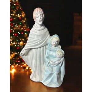 Holy Family Nativity Porcelain Figurine Gray Blue 10" Joseph Mary Baby Jesus Vtg
